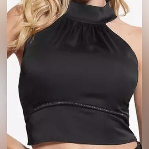 Guess ‘Aria’ Black Satin Mock Neck Top, NWT